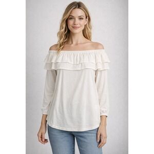 J.Jill NWT XS‎ White Off Shoulder Ruffle Top Boho Cottagecore Soft Stretch Flowy